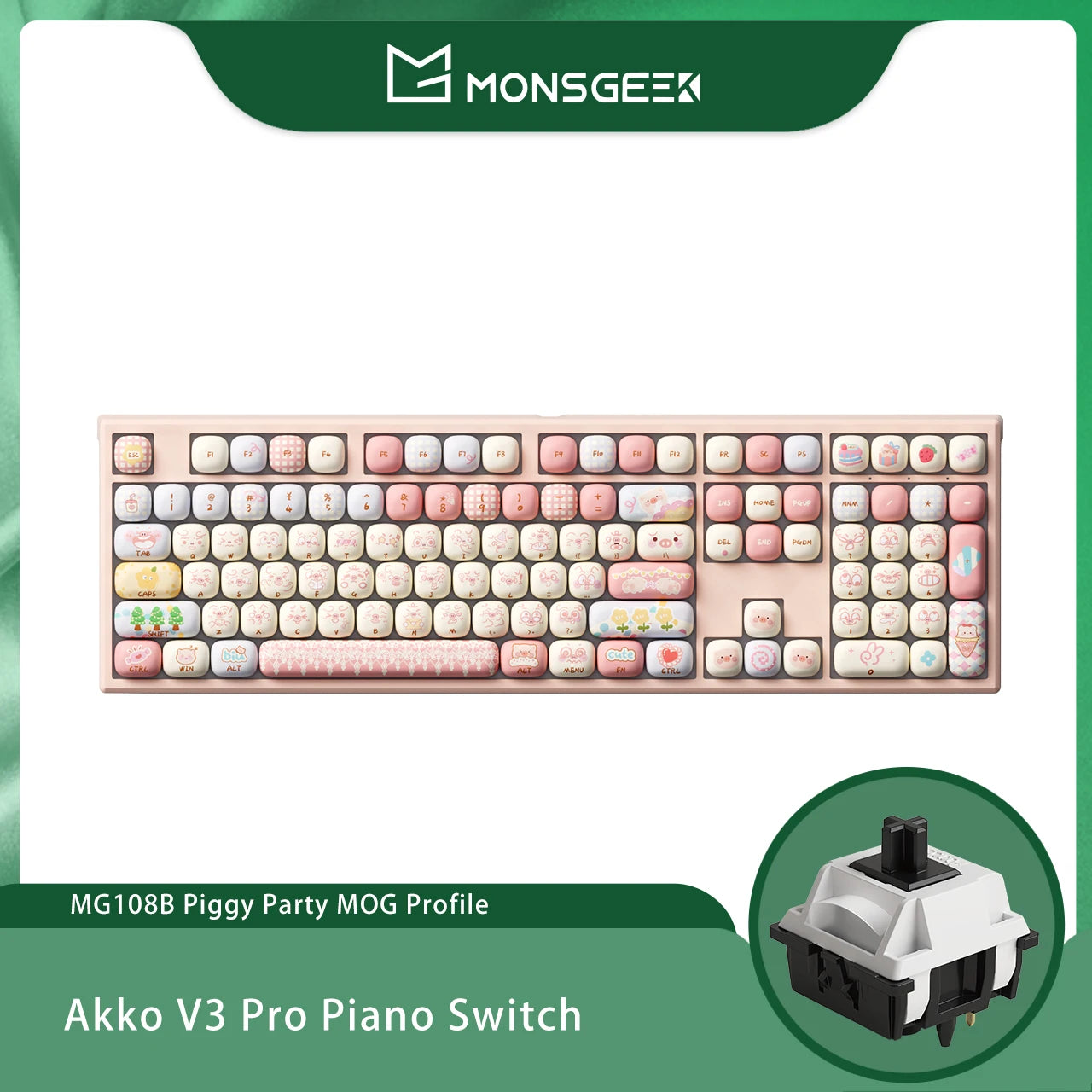 Tastiera meccanica wireless Akko MonsGeek MG108B Bun Wonderland, profilo MOG, RGB, 108 tasti, formato full size, hot swap, USB / 2.4G / BT 5.0
