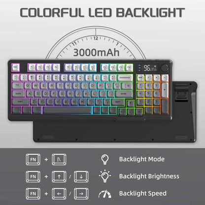 FREEWOLF M96 Wireless Keyboard RGB Gaming Keyboard with Knob Control, Bluetooth/2.4G/USB Wired Mechanical Feel Keyboard, PBT Keycaps, Display Screen, 3000mAh Battery