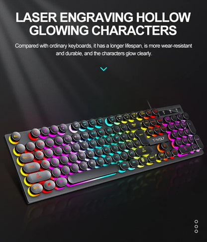 Typewriter style Mechanical feel Gaming Keyboard,Wired,RGB Backlit,Round Keycaps Mouse and Keyboard Bundle Waterproof 104-Key
