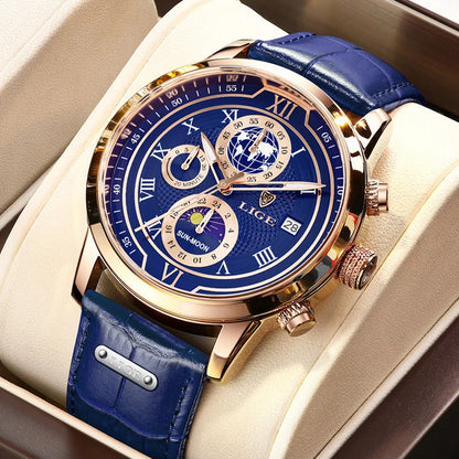 LIGE Luxury Man Wristwatch Waterproof Luminous Chronograph Watch for Men Leather Strap Men's Quartz Watches Reloj Hombre+Box