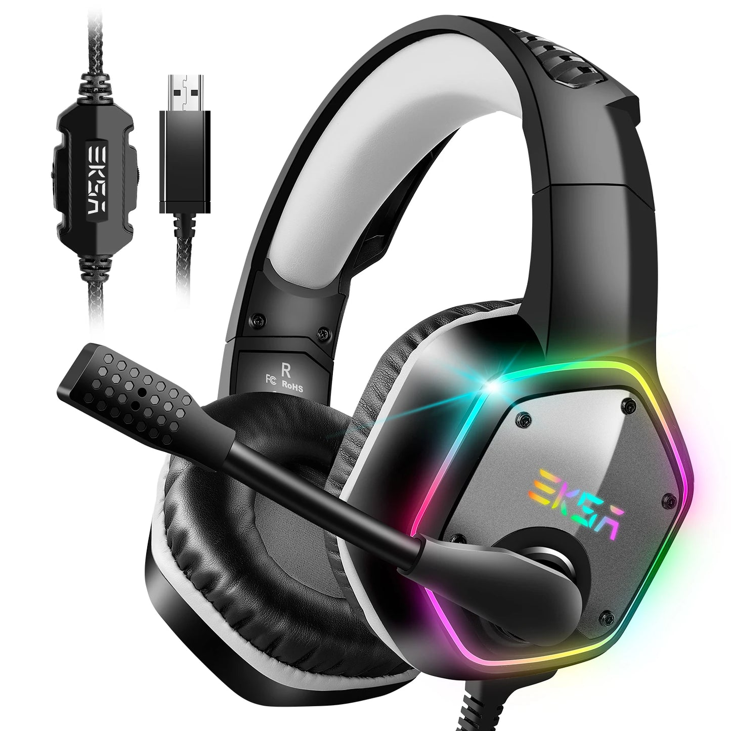EKSA E1000 Gaming Headphones For PC/PS4/PS5 7.1 Surround RGB Gaming Headset Gamer USB Wired Headphones with Noise Cancelling Mic