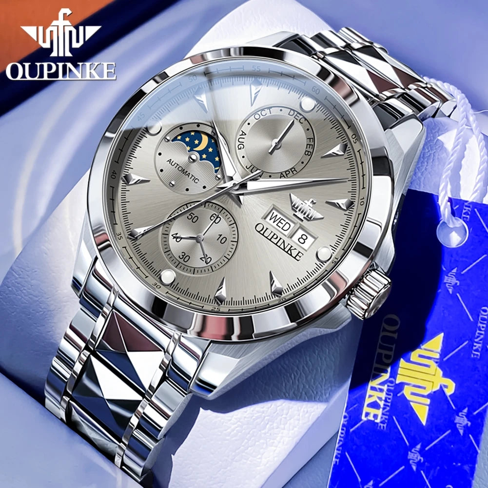 OUPINKE 3299 Automatic Man Watch Exclusive Dual Calendar Luxury Mechanical Wristwatches Moon Phase Waterproof Chronogprah Watch