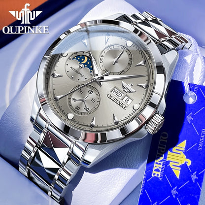 OUPINKE 3299 Automatic Man Watch Exclusive Dual Calendar Luxury Mechanical Wristwatches Moon Phase Waterproof Chronogprah Watch