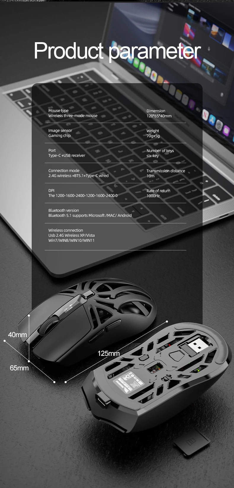 SMAILWOLF RS8 Gaming Mouse Bluetooth Wireless Tri-Mode Lightweight RGB Gaming Mouse with 11200 DPI, Rechargeable Ergonomic Gaming Mouse for PC, Laptop & Mobile