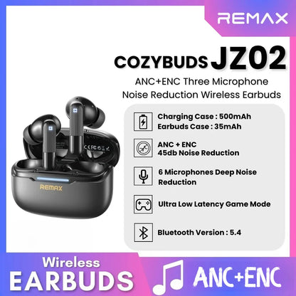 Écouteurs sans fil Remax ANC, réduction de bruit de 45 dB, 6 micros, ENC, appels HD, Cozypods JZ02, mode gaming, faible latence, 42h