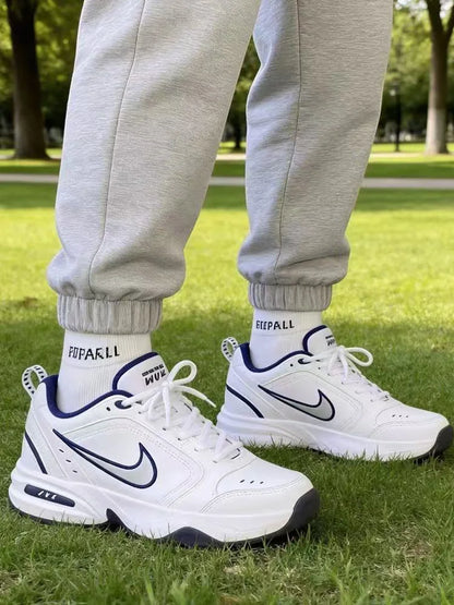 Nike Air Monarch 4 White Navy Fabric Leather Retro Classic Non-Slip Low-Top Dad Shoes Men's Blue and White 415445-102