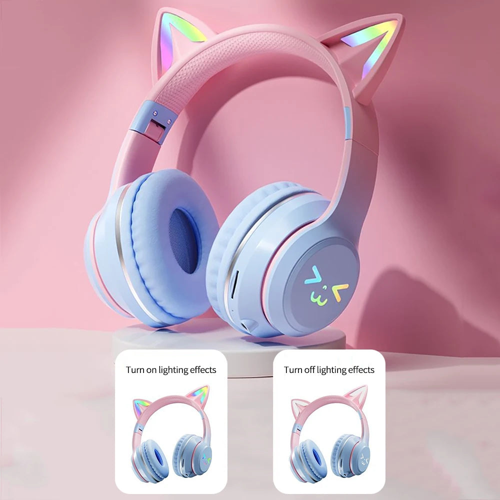 RGB Cat Ear Wireless Bluetooth Headphones for Kids & Girls, LED Light Stereo Gaming Headset with Microphone, Foldable Bluetooth Cat Ear Headphones