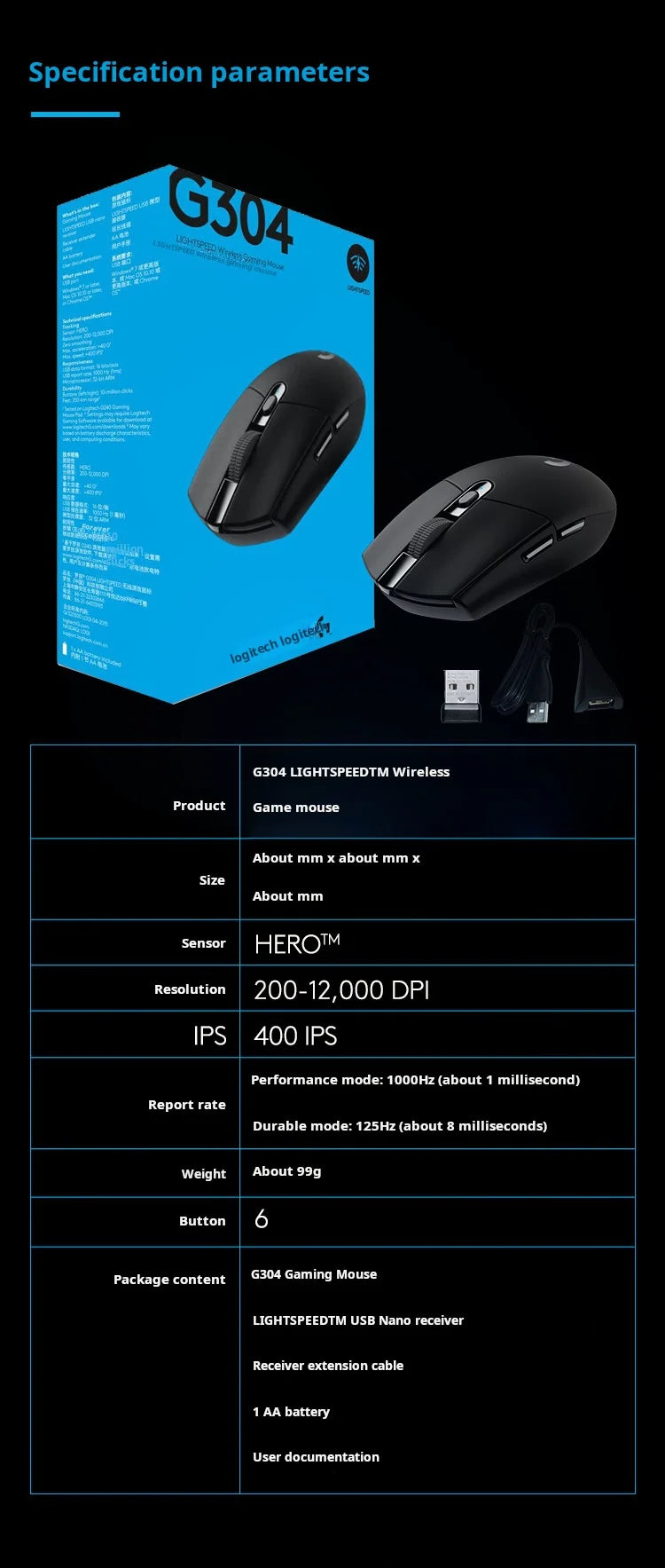 Logitech G304 Wireless Mouse LIGHTSPEED 12000 DPI Gaming Mouse 6-Button