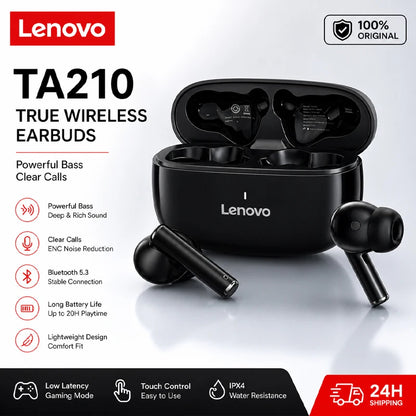 Lenovo TA210 – écouteurs sans fil Bluetooth, microphone intégré, Port de chargement, isolation du bruit, casque confortable sur l'oreille, C, nouveau