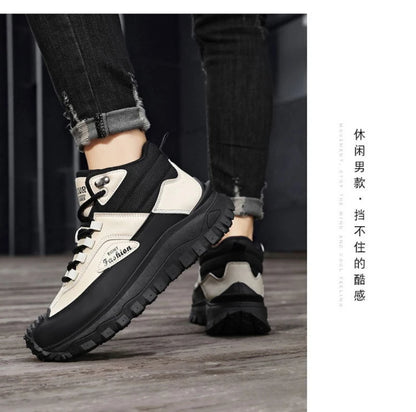 Botas de senderismo de caña media para hombre, en blanco y negro, de cuero impermeable, con plataforma, zapatillas antideslizantes para exterior, calzado informal con suela resistente