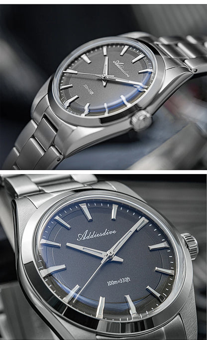 ADDIESDIVE herenhorloge van staal, luxe uitvoering, voorzien van een gewelfd glas, een quartz uurwerk en een blauwe lichtgevende coating BGW9; waterdicht tot 100 ATM, analoge weergave – Model AD2066