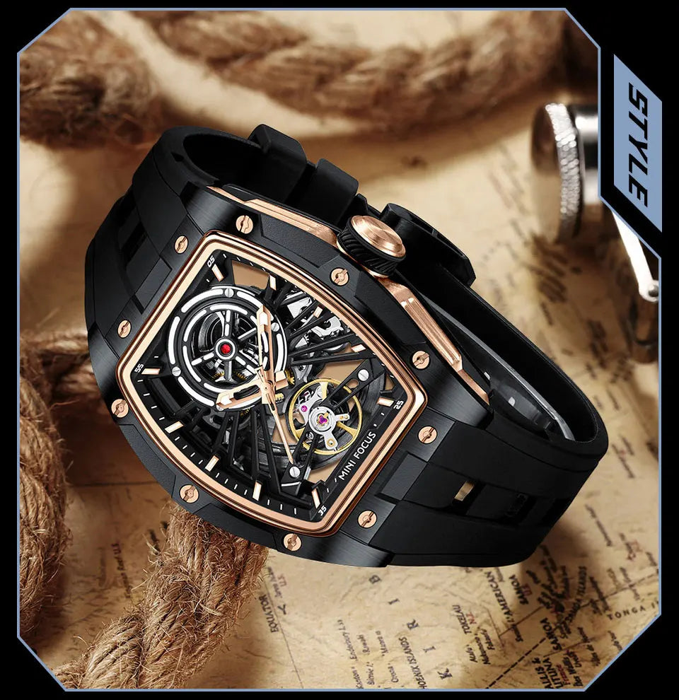 MINI FOCUS Men's Wristwatch Fashion Black Waterproof Automatic Mechanical Watch with Luminous Hands Silicone Strap Tonneau Dial
