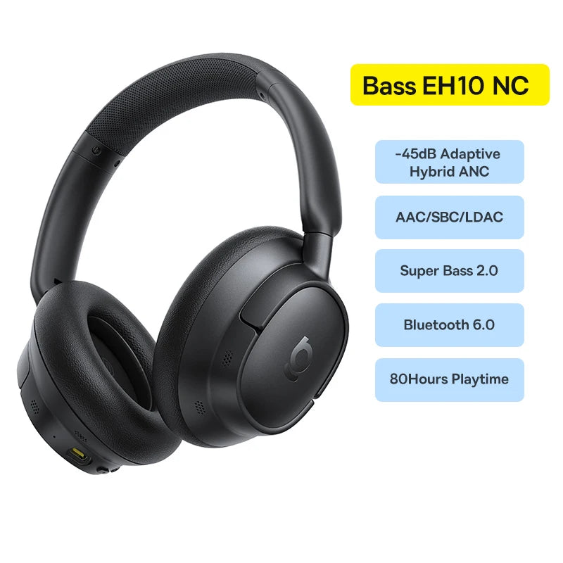 Baseus Bass EH10 NC Noise Cancelling Wireless Headphones Bluetooth 6.0 Over Ear Headset with 45dB ANC, 80H Battery, Hi-Res Audio & AI Calls