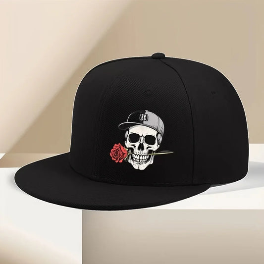 Adjustable Hip Hop Baseball Cap With Skull And Rose Motifs Vintage Style Flat Hats Brim For Outdoor Street Sports