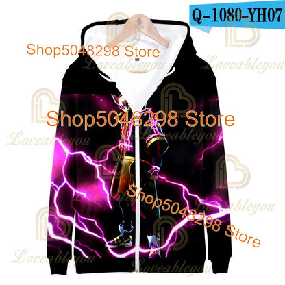 Sweatshirt Fortnite para Adultos e Crianças, Hoodie Infantil com Fecho, Estampado 3D de Jogo, para Rapazes e Raparigas, Estilo Harajuku, Manga Comprida, Roupa para Adolescentes