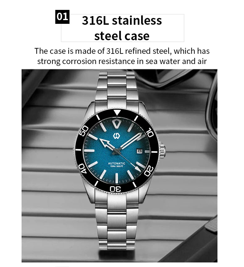 Upgraded Model Men's Automatic Watch Mechanical 3D Dimensional Luminous Watch Needle Ceramic Bezel 150 Meters Waterproof Diving