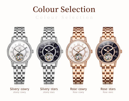 OLEVS Women's Watches Starry Sky Design Automatic Watch for Women Stainless Steel Flywheel Hollowed Ladies Mechanical Watch 7036