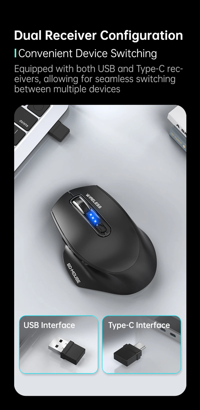 Wireless Tri-Mode Gaming Mouse with Bluetooth & 2.4G Dual Receiver, Rechargeable Wireless Gaming Mouse with Battery Display for PC, Laptop & Office