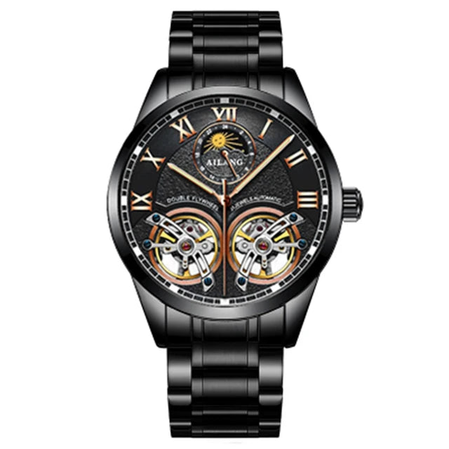 AILANG Double Tourbillon Design Business Men Mechanical Watch Fashion Leather Moon Phase Automatic Watches for Mens Reloj Hombre