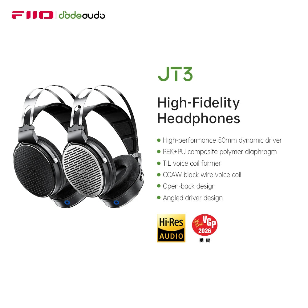 FiiO JT3 Open-Back Wired Over-Ear Headphones 50mm Dynamic Driver HiFi Detachable Cable Headset