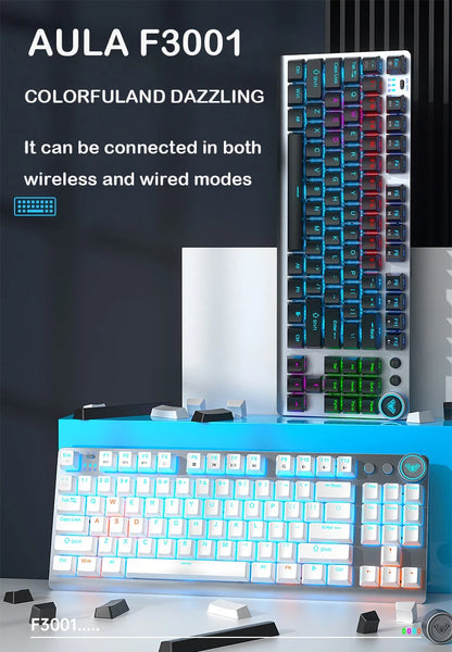AULA F3001 Mechanical Keyboard Bluetooth Wireless Three Mode Metal Panel Two-color Injection Molding Cool Backlight Effect 87Key
