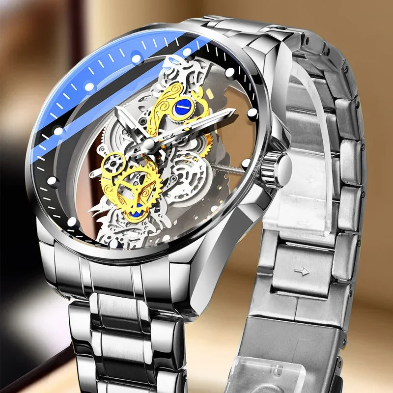 Modny zegarek męski, model z podwójnym otwieraniem, luksusowy złoty styl, imitacja mechanicznego tourbillonu, mechanizm kwarcowy.