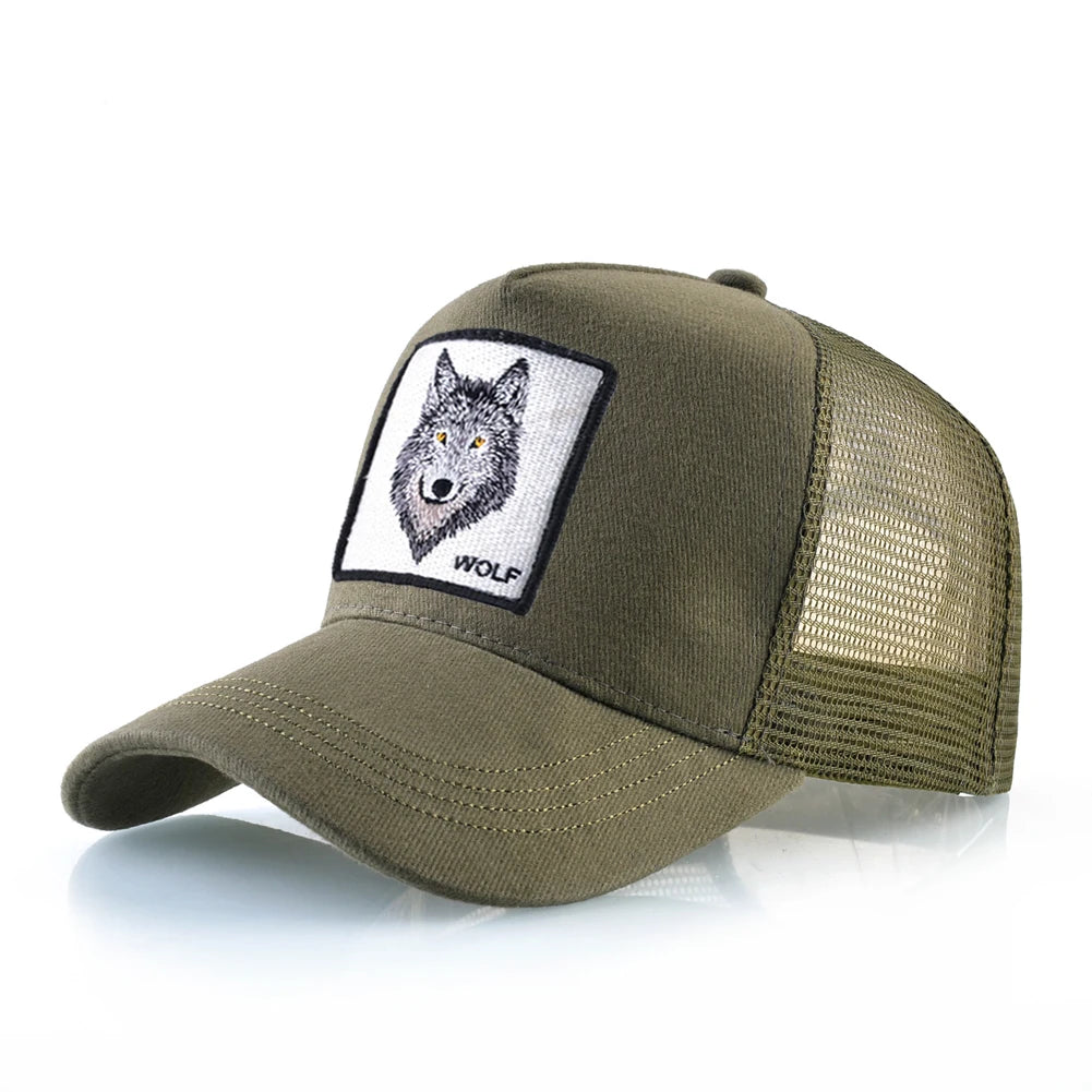 Cappellino da baseball da uomo K Snapback Trucker in rete traspirante per donna, cappellino da baseball casual da esterno con toppa ricamata raffigurante un lupo