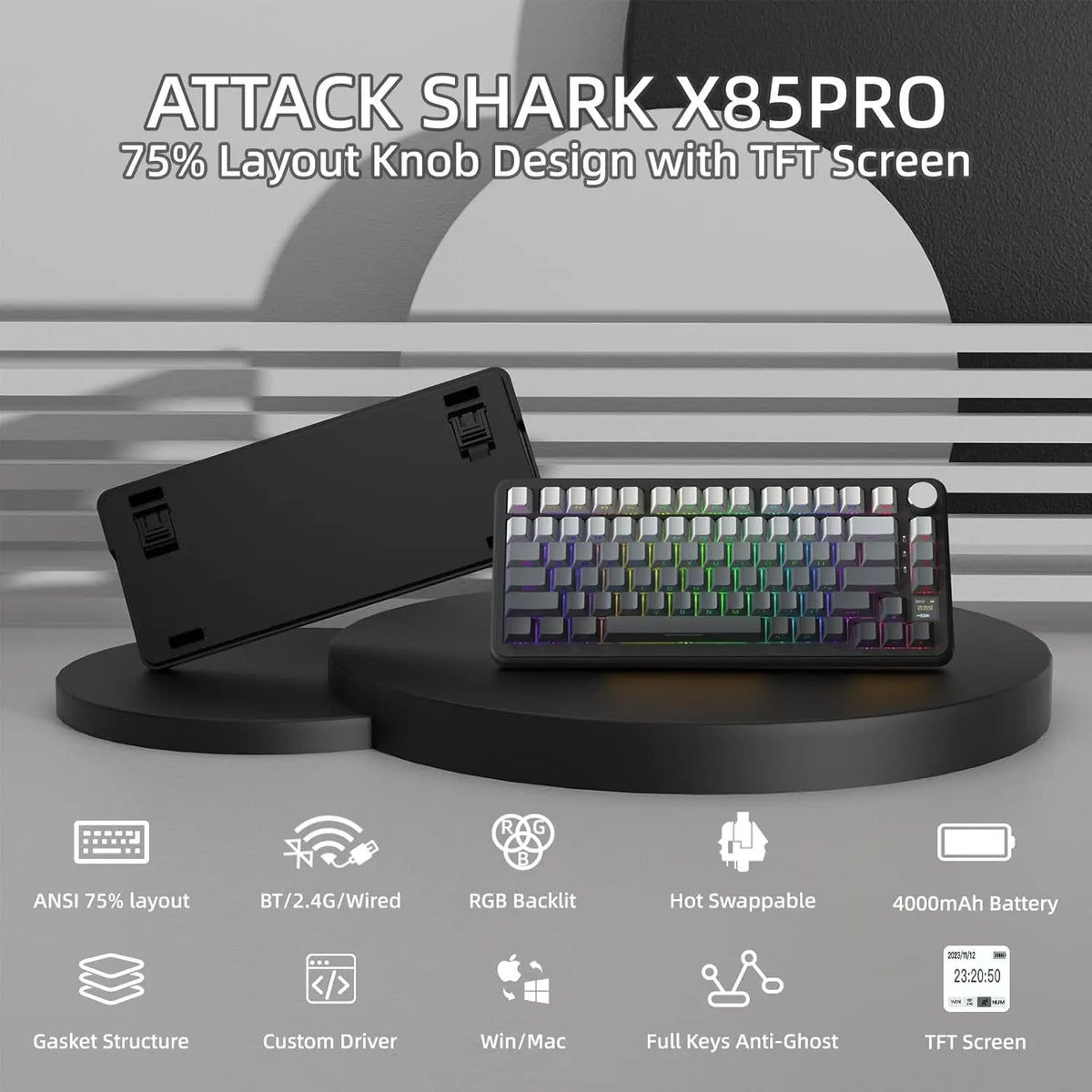 ATTACK SHARK X85 Pro 75% Mechanical Keyboard Wireless RGB Gaming Keyboard with Display Screen, Knob, Hot Swappable Gasket Mount, Bluetooth, 2.4GHz & Wired