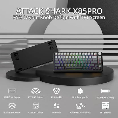 ATTACK SHARK X85 Pro 75% Mechanical Keyboard Wireless RGB Gaming Keyboard with Display Screen, Knob, Hot Swappable Gasket Mount, Bluetooth, 2.4GHz & Wired