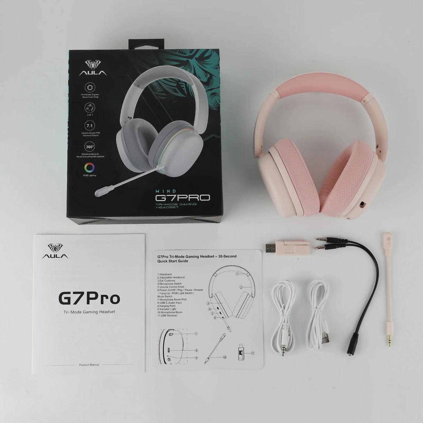 AULA G7 Pro Gaming Headset 7.1 Surround Sound Wireless Bluetooth 5.3 Headphones with Noise Cancelling Mic for PS5/PS4/PC/Switch