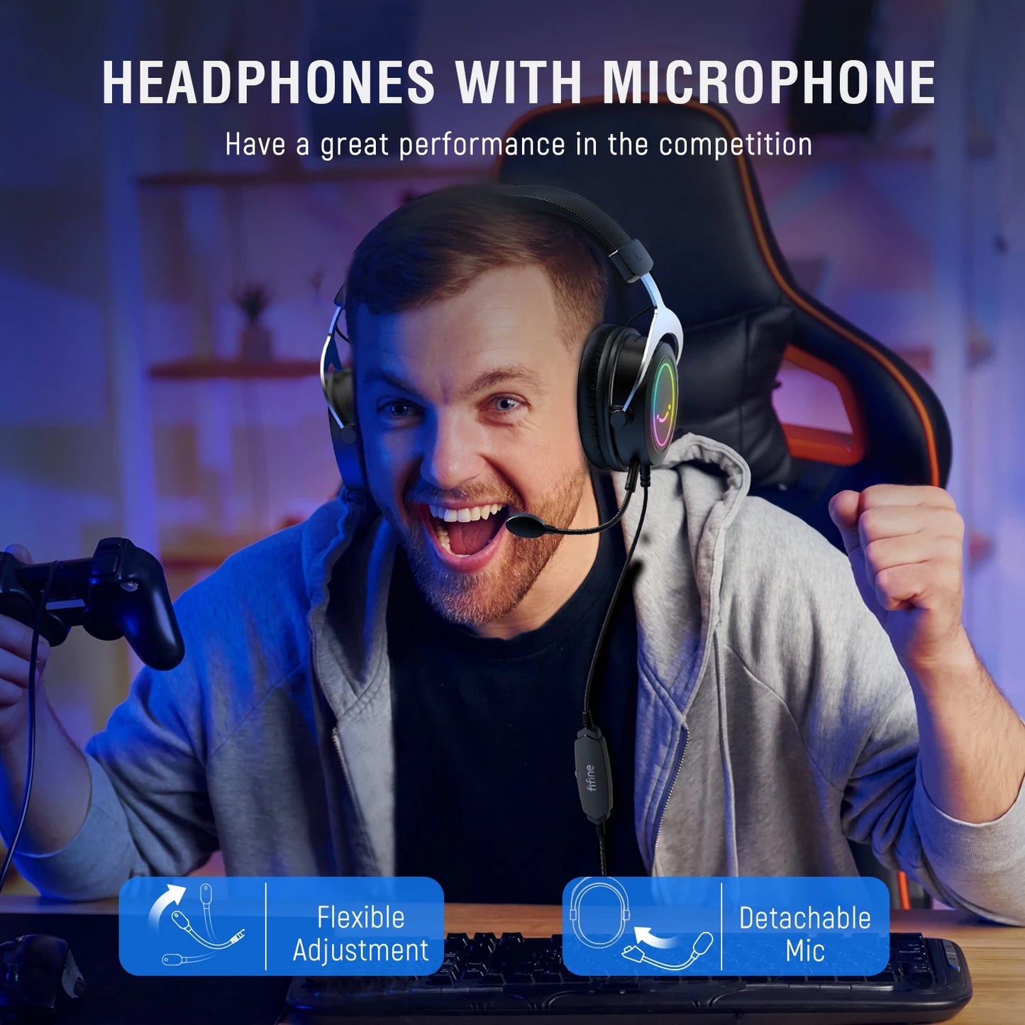 FIFINE Gaming Headset with Stereo Sound/Detachable MIC/RGB/Line Control,Over-Ear Headphone for PC PS4 PS5 Xbox -AMPLIGAME H3