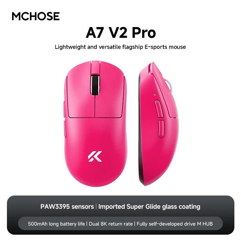 MCHOSE A7 V2 Wireless Gaming Mouse, Tri-Mode Bluetooth 8K Lightweight Esports Mouse with PAW3950 Sensor, 42000 DPI Ergonomic Gaming Mouse