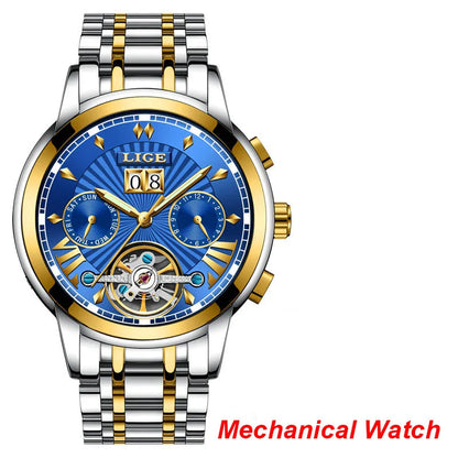 Pánské mechanické náramkové hodinky s automatickým nátahem LIGE – luxusní hodinky nejvyšší třídy s tourbillonem, elegantní a vodotěsný model, ideální pro práci i formální příležitosti.