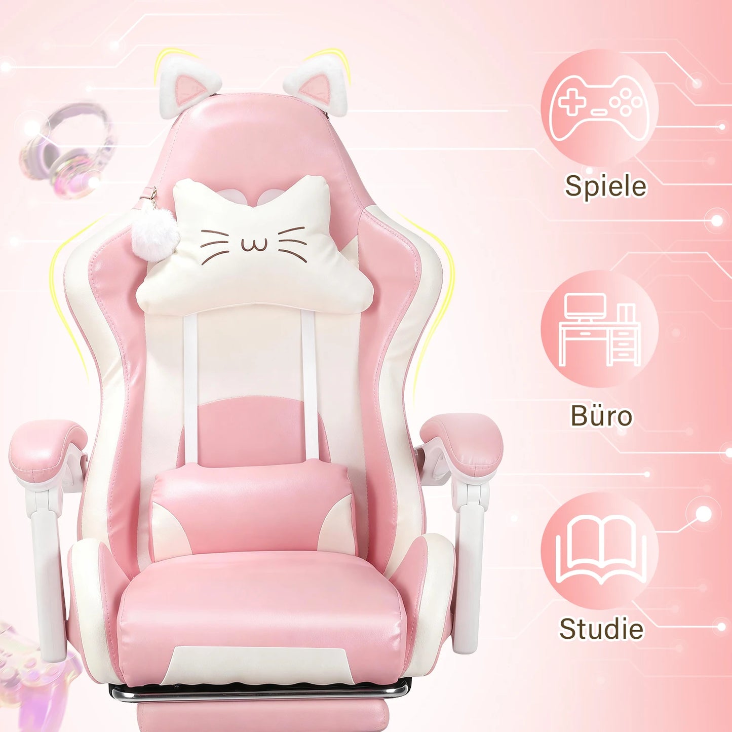 Gaming Chair with Cat Ears, Computer Armchair with Footrest and Lumbar Support, Height Adjustable Game Chair, 360°-Swivel Seat