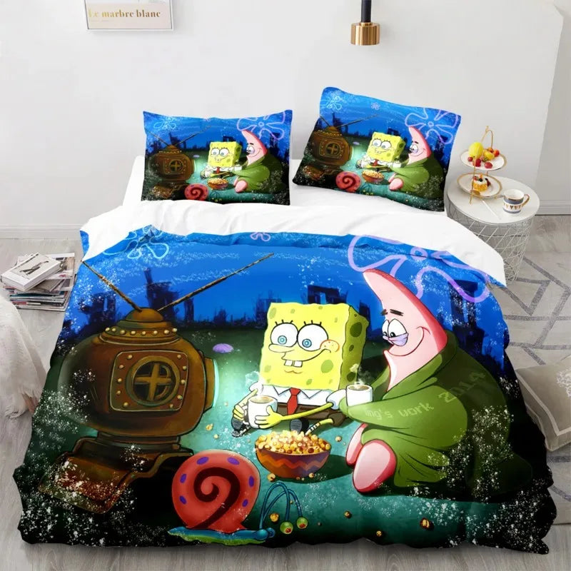 Cartoon anime komplet posteljine SpongeBob 3D print, Patricks Squidwards navlaka za poplun, jastučnica i posteljina, veličine Full Queen King