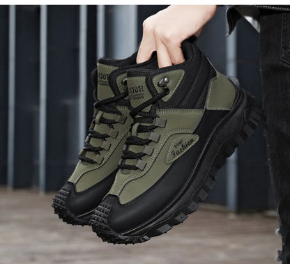 Botas de senderismo de caña media para hombre, en blanco y negro, de cuero impermeable, con plataforma, zapatillas antideslizantes para exterior, calzado informal con suela resistente