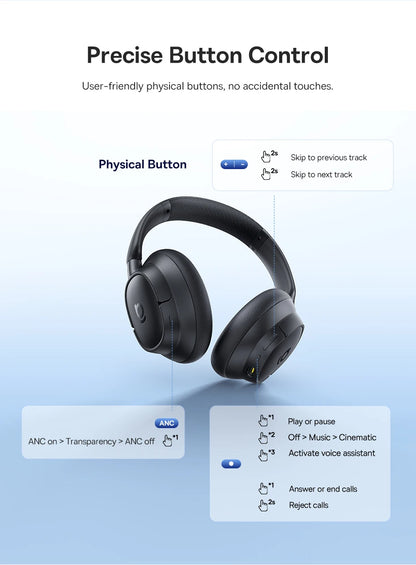 Baseus Bass EH10 NC Noise Cancelling Wireless Headphones Bluetooth 6.0 Over Ear Headset with 45dB ANC, 80H Battery, Hi-Res Audio & AI Calls