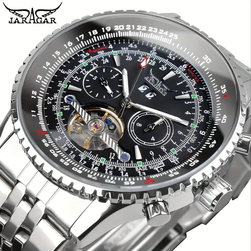 Luksusowy zegarek mechaniczny z automatycznym mechanizmem w stylu retro JARAGAR 034, tourbillon, szkieletowa konstrukcja, stal nierdzewna, kalendarz tygodniowy, zegarek męski
