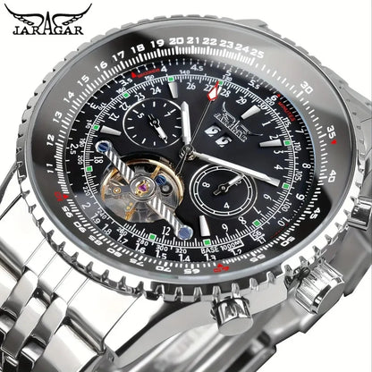 Luksusowy zegarek mechaniczny z automatycznym mechanizmem w stylu retro JARAGAR 034, tourbillon, szkieletowa konstrukcja, stal nierdzewna, kalendarz tygodniowy, zegarek męski