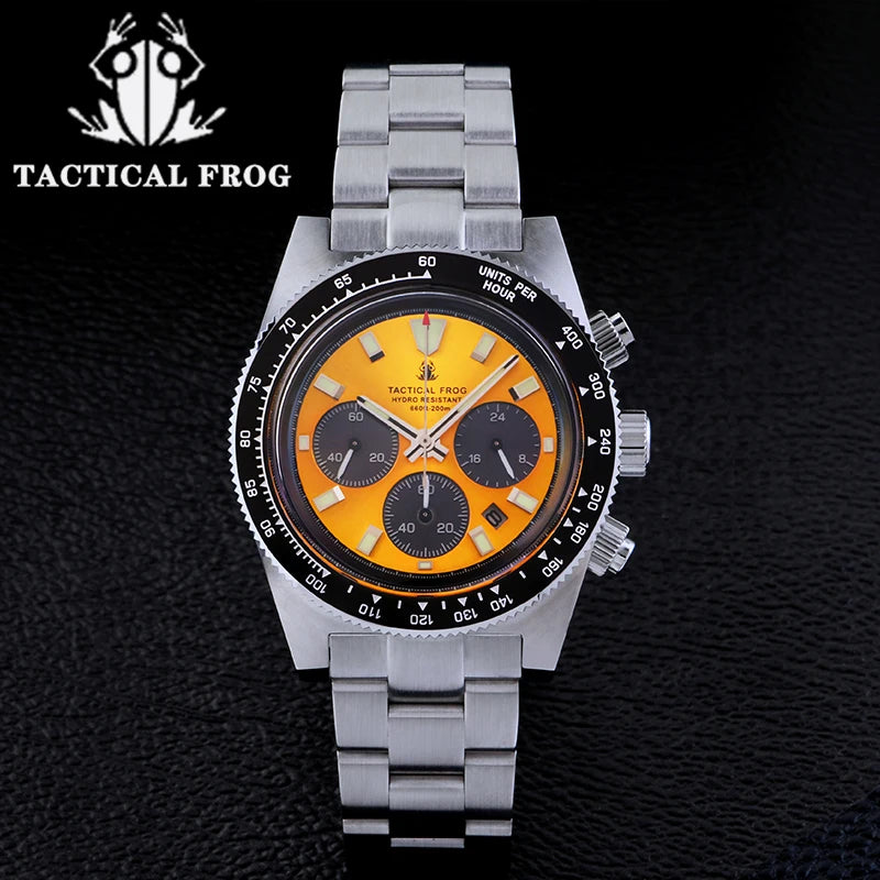 Tactical Frog Men's Business Diving Watch VS75B Quartz Chronograph 316L Steel Sapphire 200M Waterproof C3 Luminous Mens Watch