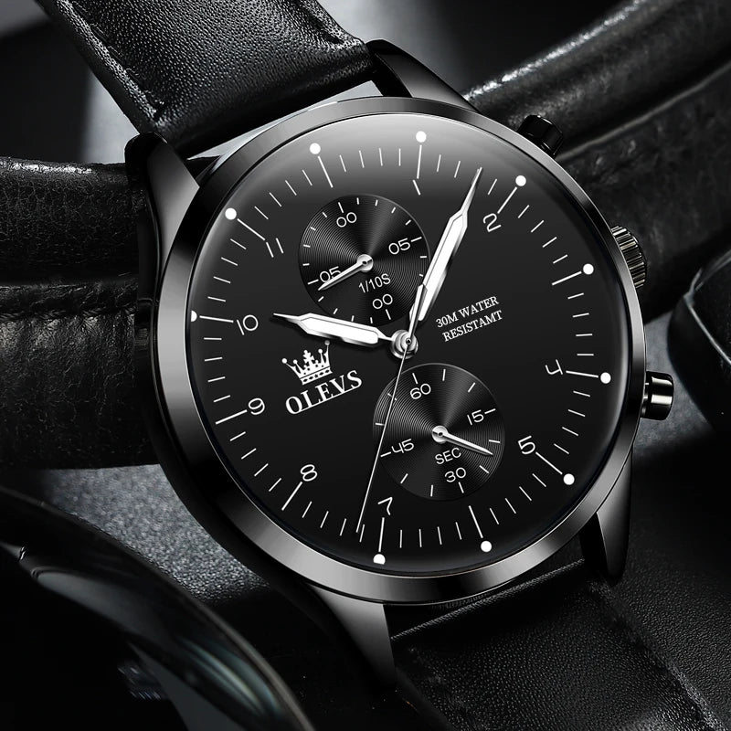Zegarek męski OLEVS 2880 – elegancki i minimalistyczny chronograf, skórzany pasek, automatyczne wyświetlanie daty, wodoodporny, luminescencyjne wskazówki, mechanizm kwarcowy.