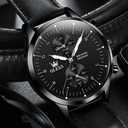 Zegarek męski OLEVS 2880 – elegancki i minimalistyczny chronograf, skórzany pasek, automatyczne wyświetlanie daty, wodoodporny, luminescencyjne wskazówki, mechanizm kwarcowy.