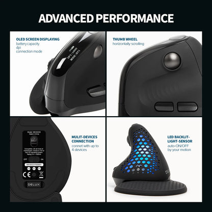 Delux M618XSD Seeker ergonominen pystysuuntainen hiiri OLED-näytöllä, 4000DPI, ladattava 1000mA akku, irrotettava takakansi tietokoneelle