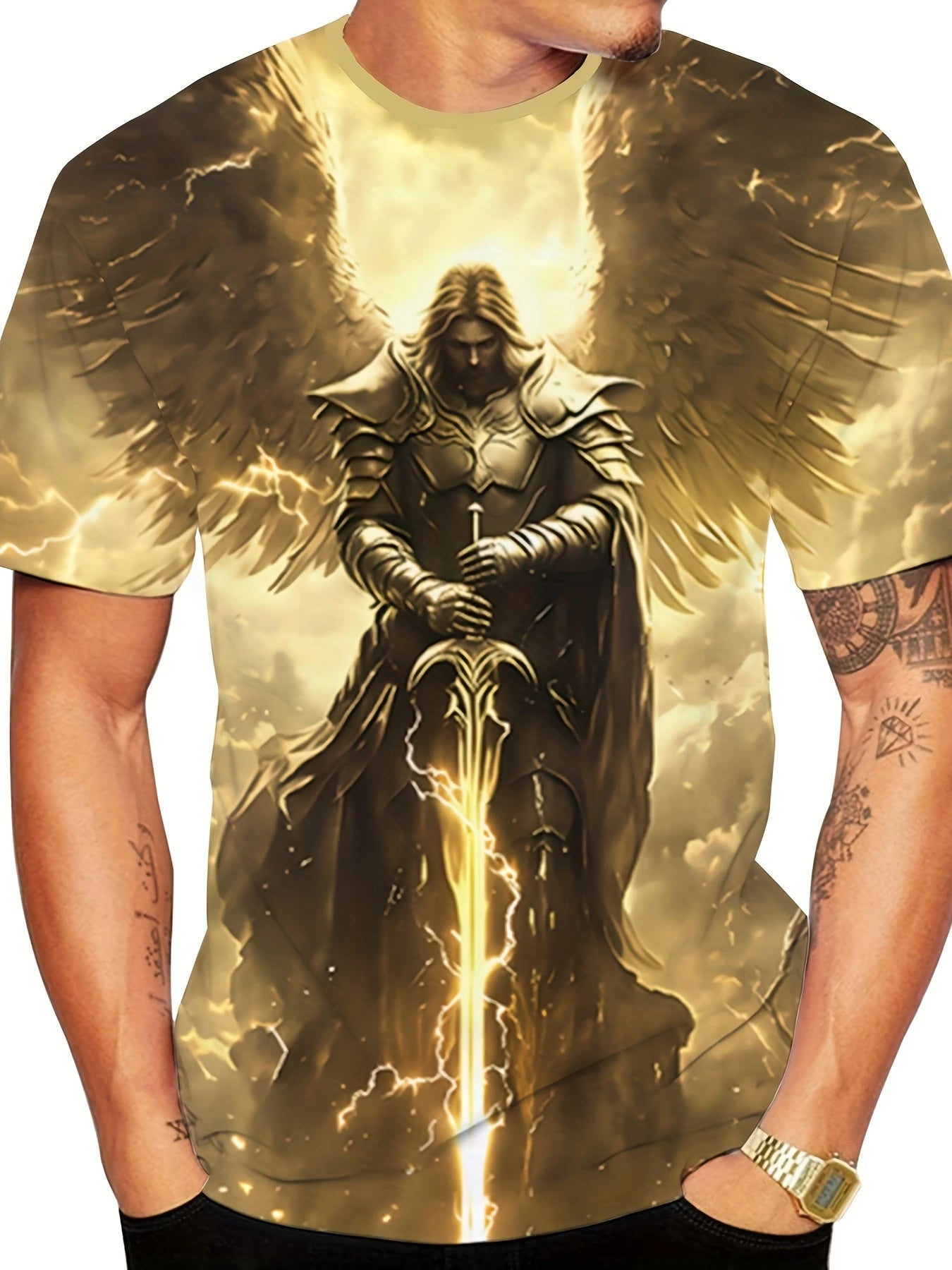 Mens 3d Angel Warrior Graphic T Shirt Golden Sword Design 3D Printed Tshirt For Men Clothes Wing Ornate Border Unisex Tee Tops