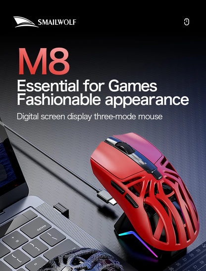SMAILWOLF M8 Wireless Bluetooth Tri-Mode Gaming Mouse, 12000 DPI Lightweight RGB Gaming Mouse with PAW3311 Sensor, Magnetic Charging Dock