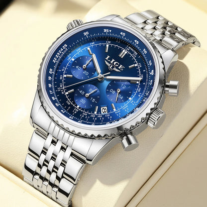 LIGE luxury men’s watch – Chronograph with date, stainless steel, water-resistant, luminescent, sporty and military style, men’s quartz watch
