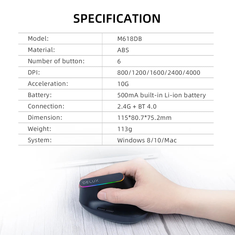 Delux Ergonomic Vertical Mouse Rechargeable Wireless Bluetooth RGB Mouse, 4000 DPI Silent Ergonomic Vertical Mouse for Laptop, PC & Gaming