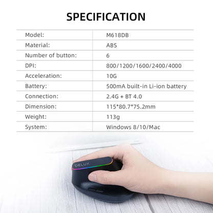 Delux Ergonomic Vertical Mouse Rechargeable Wireless Bluetooth RGB Mouse, 4000 DPI Silent Ergonomic Vertical Mouse for Laptop, PC & Gaming