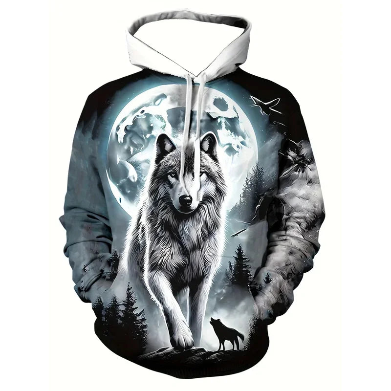 Men'S 3D White Wolf Print Hoodie, Casual Long Sleeve Pullover with Drawstring Pocket, 100% Polyester Slight Stretch Men Clothing