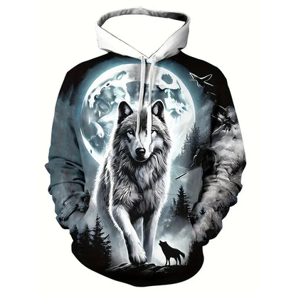 Men'S 3D White Wolf Print Hoodie, Casual Long Sleeve Pullover with Drawstring Pocket, 100% Polyester Slight Stretch Men Clothing